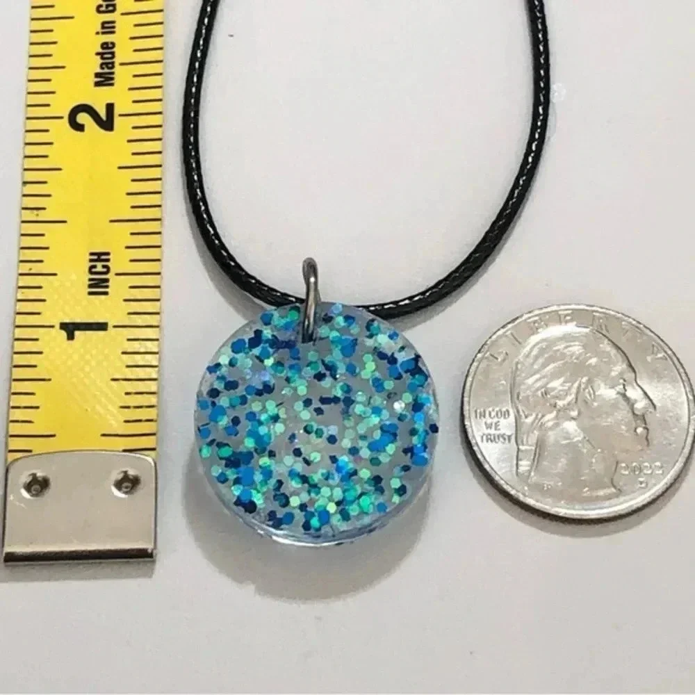 Blue Glitter Circle Resin Black Waxed Cord Necklace Handmade New